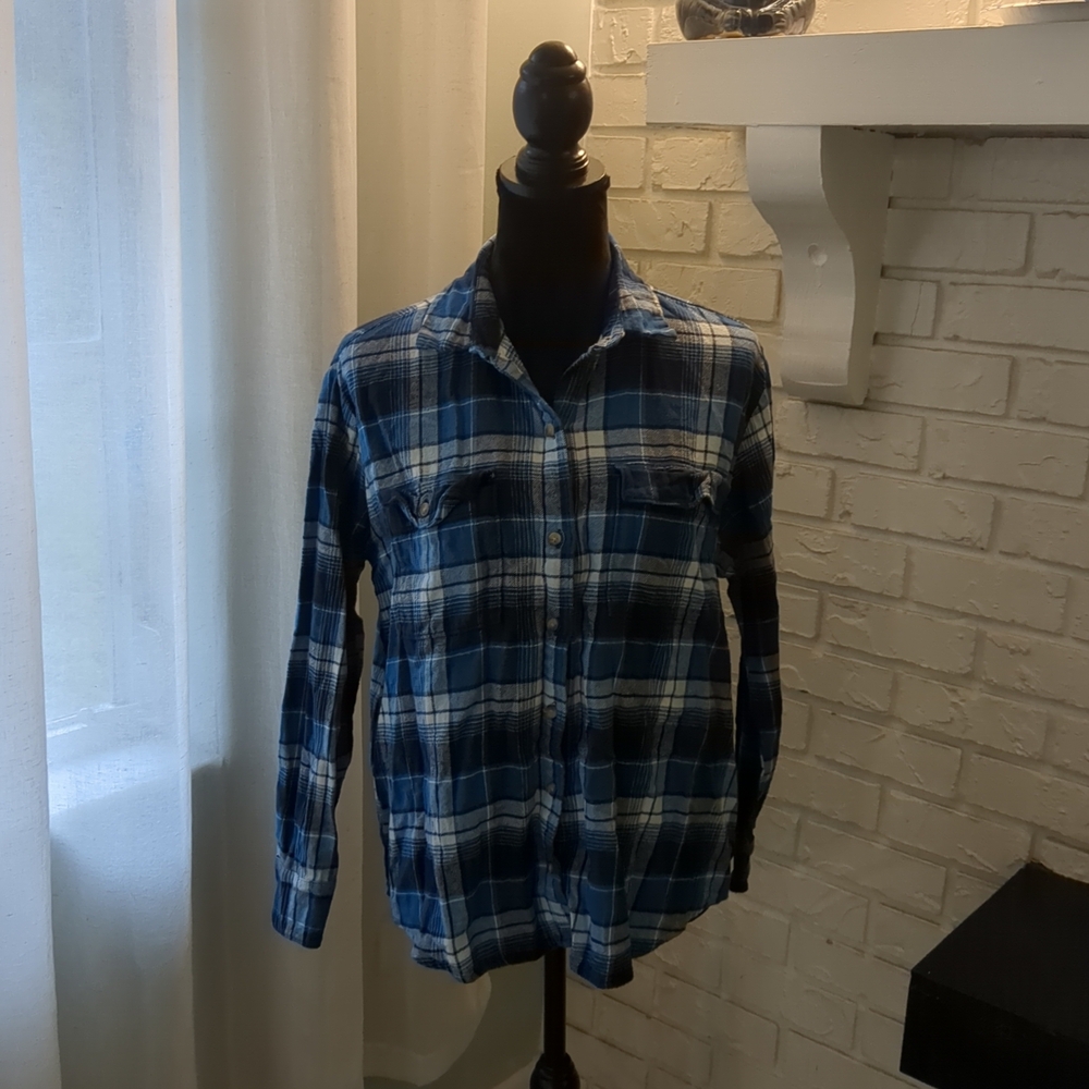 **3/$10** Old Navy Women's Blue and White Plaid Button-Down Shirt